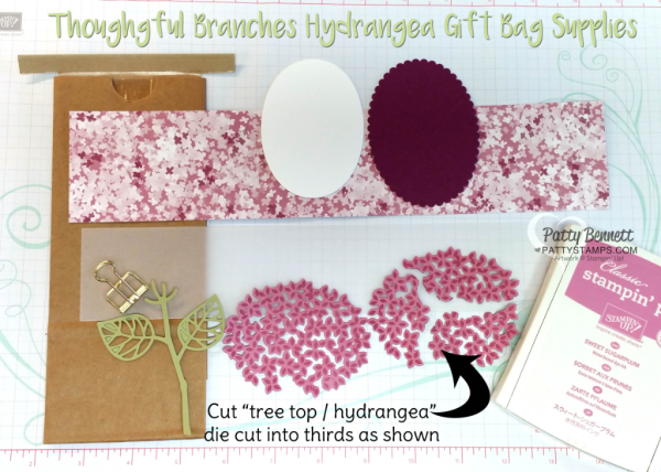 Supplies for Thoughtful Branches gift bag with Sweet Sugarplum ink and Blooms & Bliss paper from Stampin' UP!. Great DIY gift bag for crafters!