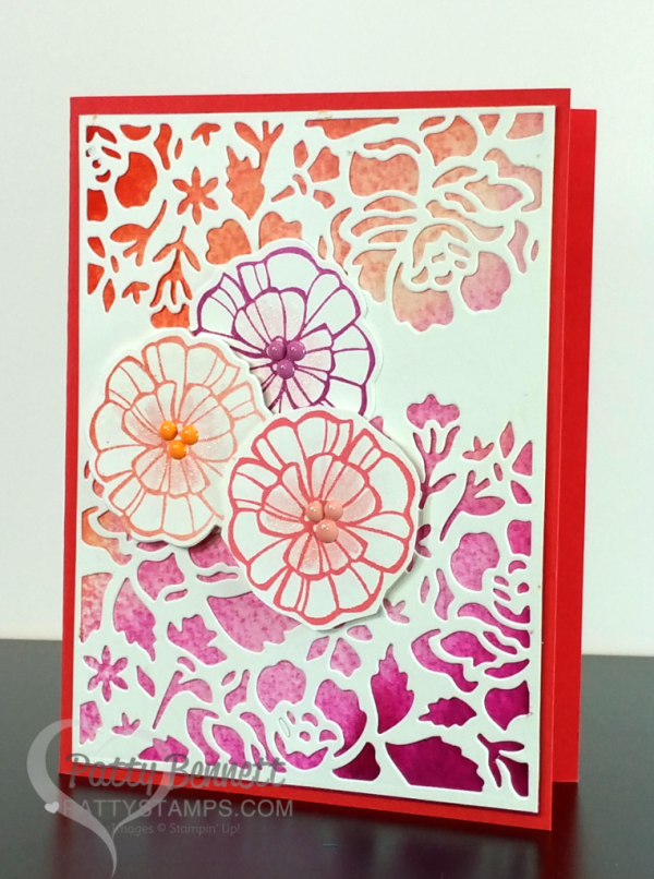 Love the Enamel Shape flower centers in the Falling Flowers images! Ombre ink pads from Stampin' Up! - video tutorial: How to create an easy watercolor wash background for your card!  Layer with Detailed Floral Thinlit big shot dies. Card and tutorial by Patty Bennett at pattystamps.com