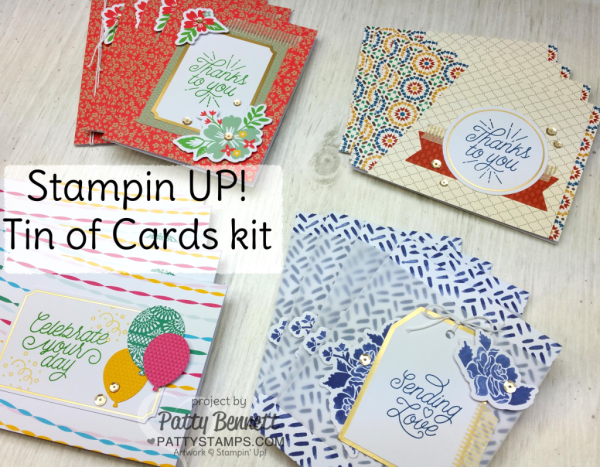Card Kit: Stampin' Up! Tin of Cards kit creates 16 cards - complete with so many fun embellishments!  order #141651 - click shop online at www.pattystamps.com