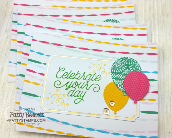 Card Kit: Stampin' Up! Tin of Cards kit creates 16 cards - complete with so many fun embellishments!  order #141651 - click shop online at www.pattystamps.com