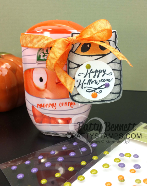 Halloween mummy candy treat featuring Stampin' Up! Jar of Haunts stamp set and Halloween Night paper! Easy to make! by Patty Bennett