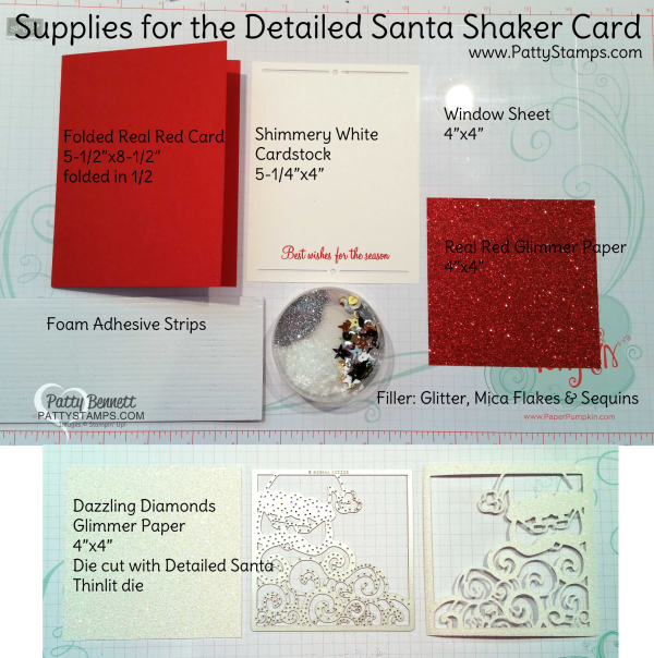 Supplies and dimensions to create the Stampin Up Shaker card featuring Detailed Santa thinlit dies, glimmer paper, glitter and mica flakes. by Patty Bennett www.Pattystamps.com
