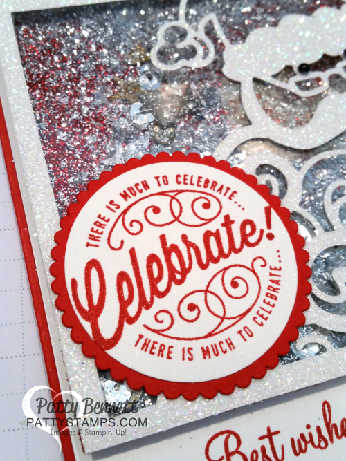 Stampin Up Shaker card featuring Detailed Santa thinlit dies, glimmer paper, glitter and mica flakes. by Patty Bennett www.Pattystamps.com
