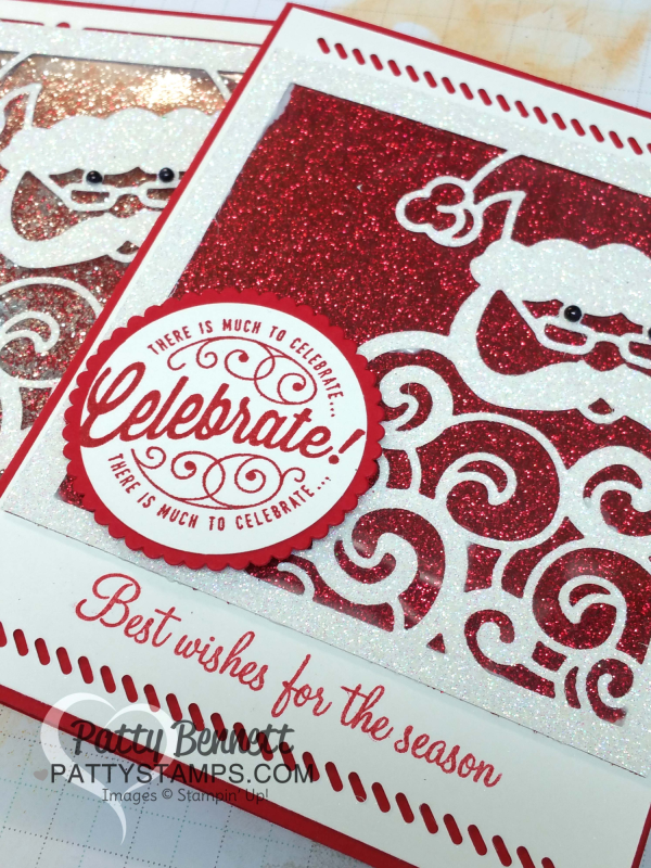 Stampin Up Shaker card featuring Detailed Santa thinlit dies, glimmer paper, glitter and mica flakes. by Patty Bennett www.Pattystamps.com