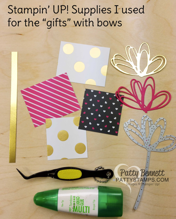 Supplies I used for my Stampin Up! Blog Candy Giveaway - repurposed Sephora bag decorated with Pop of Pink "gifts" with bows, by Patty Bennett. www.PattyStamps.com