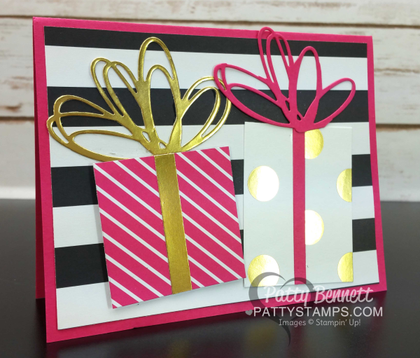 Stampin Up! card featuring Pop of Pink designer paper - gifts and bows created with squares of paper and the Sunshine Wishes framelit dies, by Patty Bennett, www.PattyStamps.com