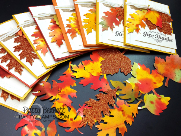 Stampin UP! fall leaf cards featuring watercolor wash background and the Leaflet framelits.  Watch the video tutorial for all the details from pattystamps.com