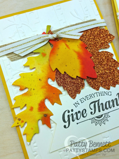 Stampin UP! fall leaf cards featuring watercolor wash background and the Leaflet framelits.  Watch the video tutorial for all the details from pattystamps.com
