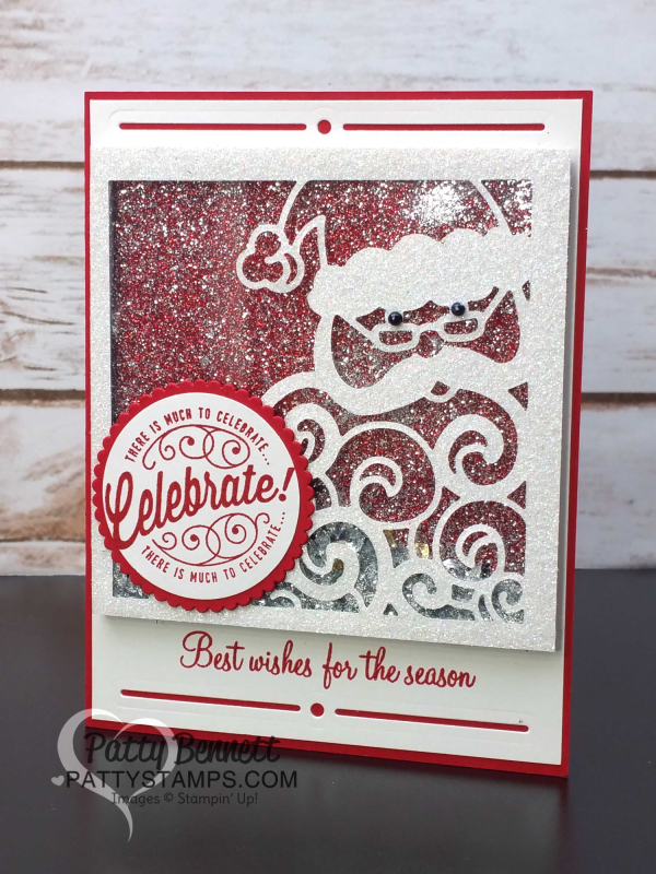 Stampin Up Shaker card featuring Detailed Santa thinlit dies, glimmer paper, glitter and mica flakes. by Patty Bennett www.Pattystamps.com