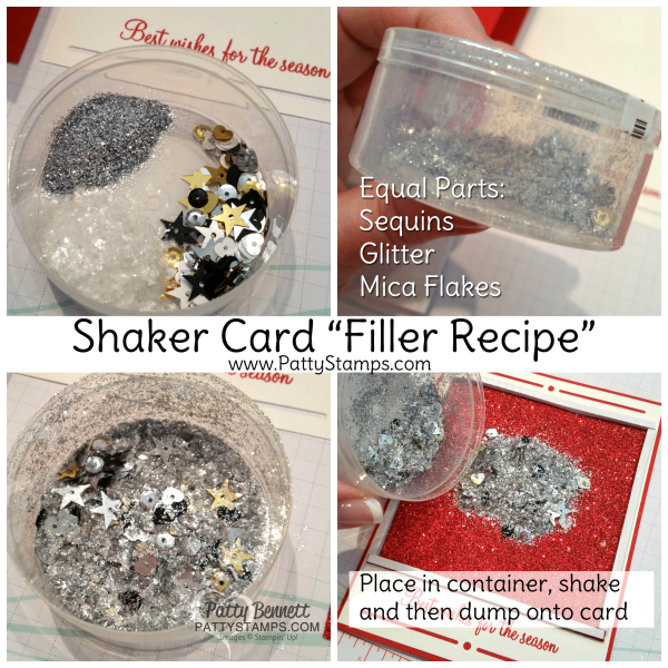 Shaker card "filler recipe" with glitter, sequins and mica flakes from Stampin' Up! by Patty Bennett