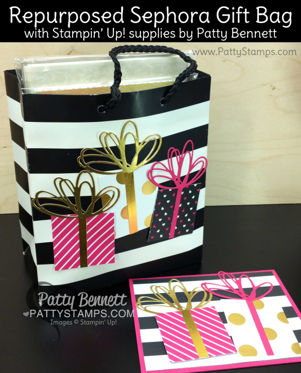 Stampin Up! Blog Candy Giveaway - repurposed Sephora bag decorated with Pop of Pink "gifts" with bows, by Patty Bennett. www.PattyStamps.com