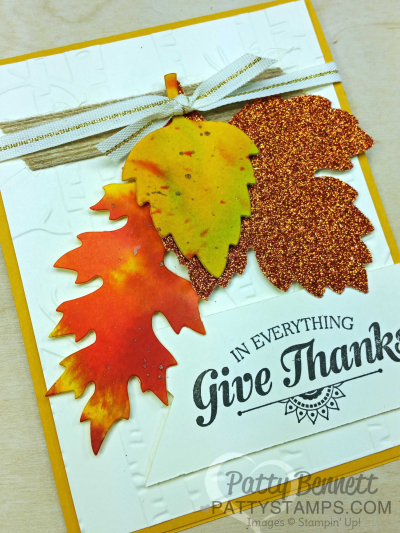 Stampin UP! fall leaf cards featuring watercolor wash background and the Leaflet framelits.  Watch the video tutorial for all the details from pattystamps.com