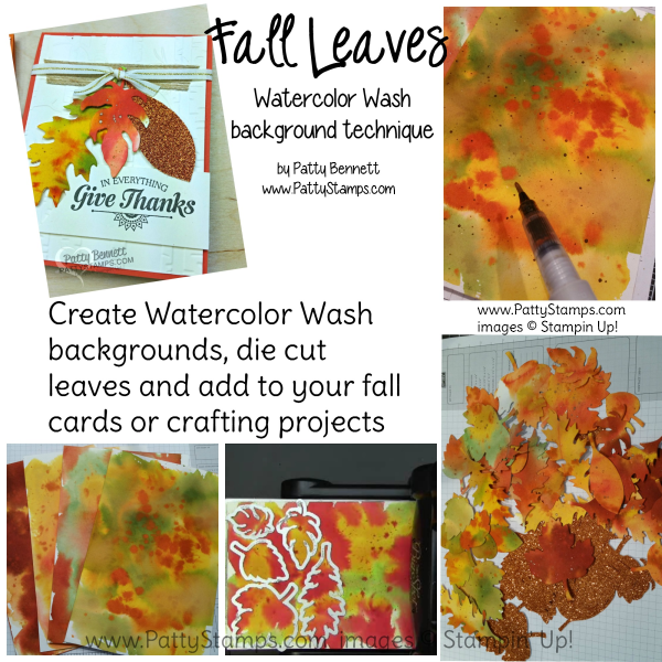 Stampin UP! fall leaf cards featuring watercolor wash background and the Leaflet framelits.  Watch the video tutorial for all the details from pattystamps.com