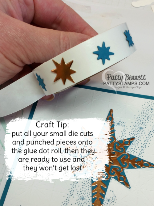 Craft Tip for the Star of Light Stampin' Up! Christmas cards featuring copper paper and metallic enamel shapes by Patty Bennett. click shop online at www.PattyStamps.com Craft Tip for the Star of Light Stampin' Up! Christmas cards featuring copper paper and metallic enamel shapes by Patty Bennett. click shop online at www.PattyStamps.com
