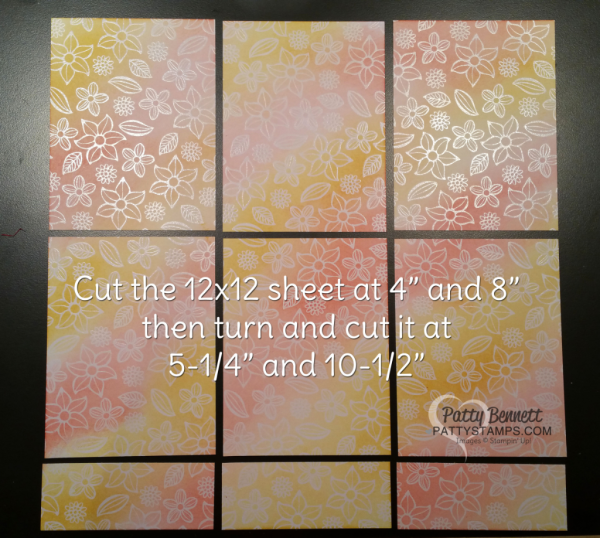 cutting guide for 12x12 paper into 6 card fronts, featuring Irresistibly Floral paper from Stampin' Up!, by Patty Bennett cutting guide for 12x12 paper into 6 card fronts, featuring Irresistibly Floral paper from Stampin' Up!, by Patty Bennett