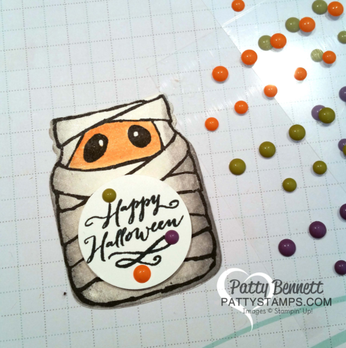 Halloween mummy candy treat featuring Stampin' Up! Jar of Haunts stamp set and Halloween Night paper! Easy to make! by Patty Bennett