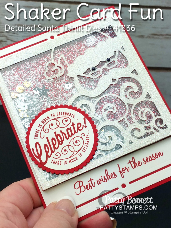Stampin Up Shaker card featuring Detailed Santa thinlit dies, glimmer paper, glitter and mica flakes. by Patty Bennett www.Pattystamps.com