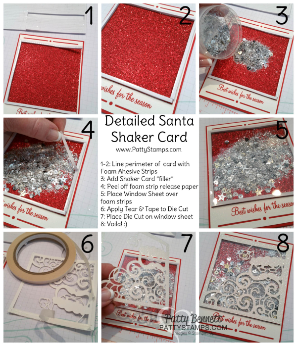Step by Step how to make the Stampin Up Shaker card featuring Detailed Santa thinlit dies, glimmer paper, glitter and mica flakes. by Patty Bennett www.Pattystamps.com