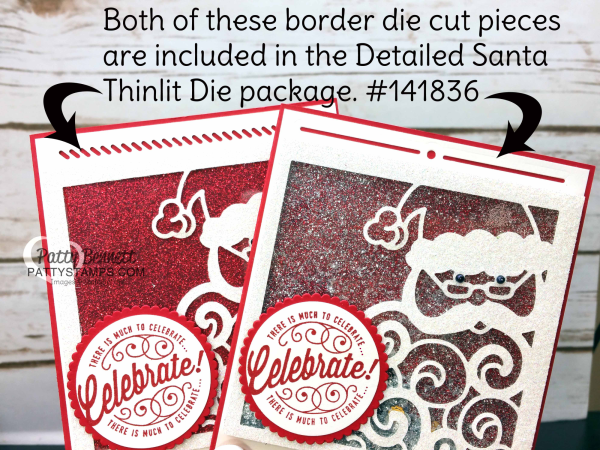 Stampin Up Shaker card featuring Detailed Santa thinlit dies, glimmer paper, glitter and mica flakes. by Patty Bennett www.Pattystamps.com
