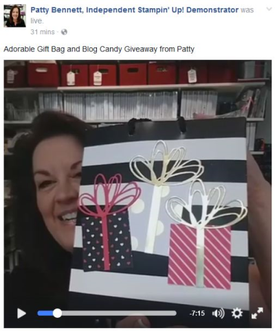 Stampin Up! Blog Candy Giveaway - repurposed Sephora bag decorated with Pop of Pink "gifts" with bows, by Patty Bennett. www.PattyStamps.com