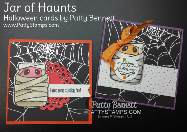 Halloween cards featuring Jar of Haunts stamp set from Stampin' UP!. Spider web paper from Halloween Night DSP pack. by Patty Bennett Halloween cards featuring Jar of Haunts stamp set from Stampin' UP!. Spider web paper from Halloween Night DSP pack. by Patty Bennett