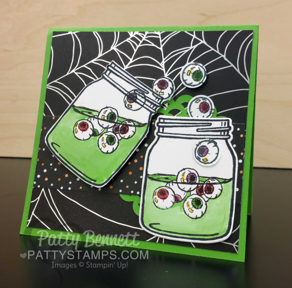 Spilling eyeballs Halloween card featuring Jar of Haunts stamp set from Stampin' UP!. Spider web paper from Halloween Night DSP pack. by Patty Bennett Spilling eyeballs Halloween card featuring Jar of Haunts stamp set from Stampin' UP!. Spider web paper from Halloween Night DSP pack. by Patty Bennett