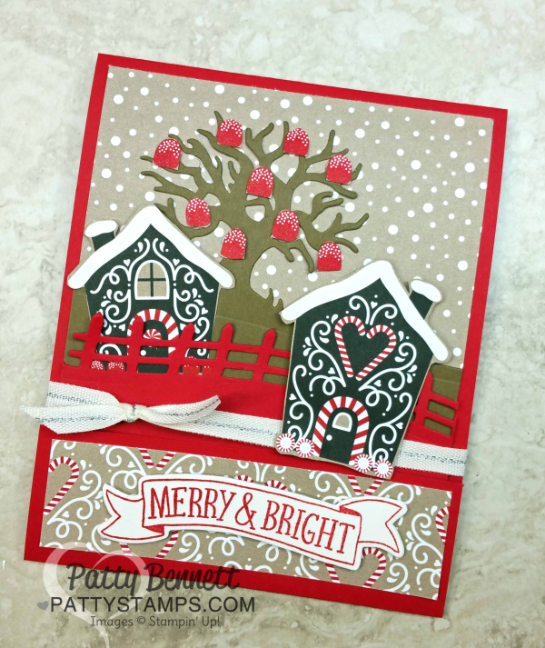 Candy Cane Lane Gumball tree Christmas card featuring Stampin' Up! products. Matchbook style card by Patty Bennett