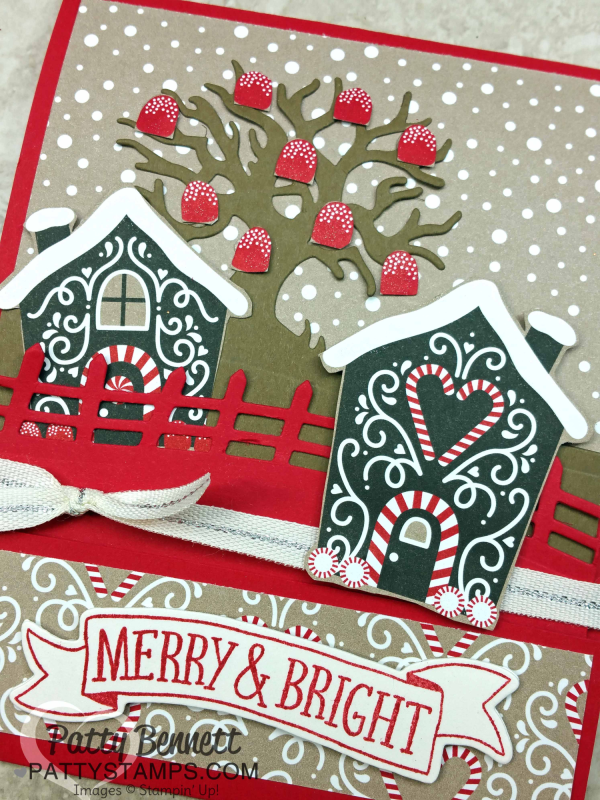 Candy Cane Lane Gumball tree Christmas card featuring Stampin' Up! products. Matchbook style card by Patty Bennett