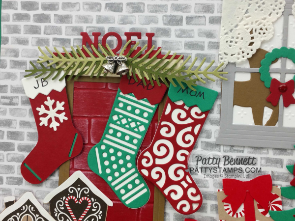 Home Decor Christmas Framed art featuring STampin' Up! stocking framelits, pines framelits, santa's sleigh framelits, hearth & home framelits, brick wall embossing folder and more! by Patty Bennett Home Decor Christmas Framed art featuring STampin' Up! stocking framelits, pines framelits, santa's sleigh framelits, hearth & home framelits, brick wall embossing folder and more! by Patty Bennett