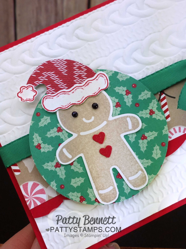 Stampin' UP! Christmas Card featuring Cable Knit embossing folder, Cookie Cutter Christmas gingerbread man and Jolly Hat punch, by Patty Bennett