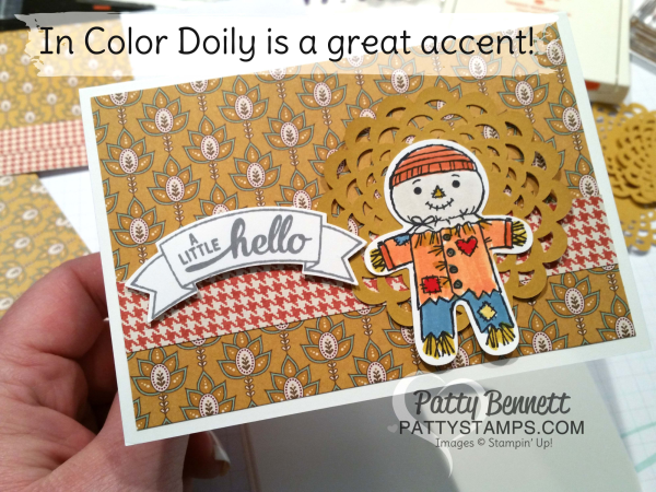 Fall Note Cards featuring Stampin' Up! Cookie Cutter Halloween scarecrows and Petals & Paisleys designer paper by Patty Bennett