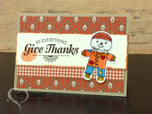 Fall Note Cards featuring Stampin' Up! Cookie Cutter Halloween scarecrows and Petals & Paisleys designer paper by Patty Bennett