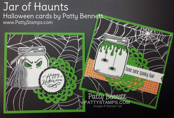 Halloween cards featuring Jar of Haunts stamp set from Stampin' UP!. Spider web paper from Halloween Night DSP pack. by Patty Bennett Halloween cards featuring Jar of Haunts stamp set from Stampin' UP!. Spider web paper from Halloween Night DSP pack. by Patty Bennett