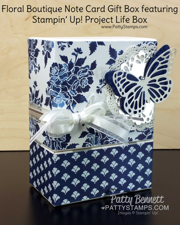 Floral Boutique Note Cards in a repurposed Project Life Box.  Great for gift giving!  Butterfly thinlit accents in Shimmery White and Night of Navy. by Patty Bennett