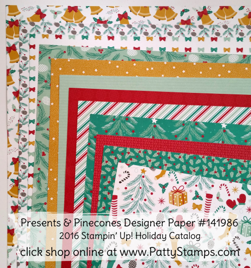 Presents & Pinecones Designer Paper from Stampin' Up!.  click shop online and order #141986 at pattystamps.com