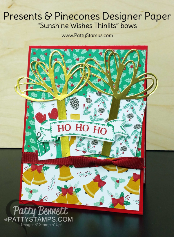Presents & Pinecones Designer Paper Christmas card idea with "gifts" and "bows".  Great card design for any occasion - just switch out the greeting and Bunch of Banner framelit! card by Patty Bennett, www.pattystamps.com