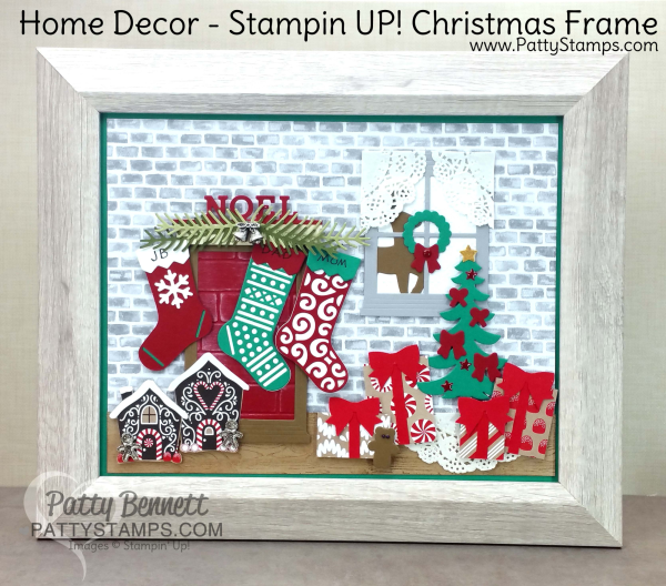 Home Decor Christmas Framed art featuring STampin' Up! stocking framelits, pines framelits, santa's sleigh framelits, hearth & home framelits, brick wall embossing folder and more! by Patty Bennett Home Decor Christmas Framed art featuring STampin' Up! stocking framelits, pines framelits, santa's sleigh framelits, hearth & home framelits, brick wall embossing folder and more! by Patty Bennett