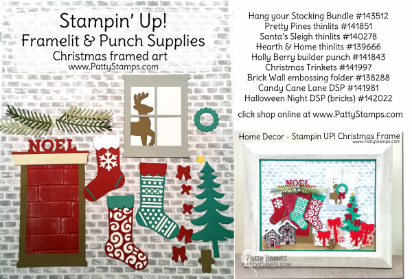 Supplies for Home Decor Christmas Framed art featuring STampin' Up! stocking framelits, pines framelits, santa's sleigh framelits, hearth & home framelits, brick wall embossing folder and more! by Patty Bennett Supplies for Home Decor Christmas Framed art featuring STampin' Up! stocking framelits, pines framelits, santa's sleigh framelits, hearth & home framelits, brick wall embossing folder and more! by Patty Bennett