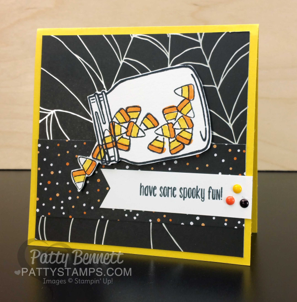 Candy Corn Halloween cards featuring Jar of Haunts stamp set from Stampin' UP!. Spider web paper from Halloween Night DSP pack. by Patty Bennett Candy Corn Halloween cards featuring Jar of Haunts stamp set from Stampin' UP!. Spider web paper from Halloween Night DSP pack. by Patty Bennett