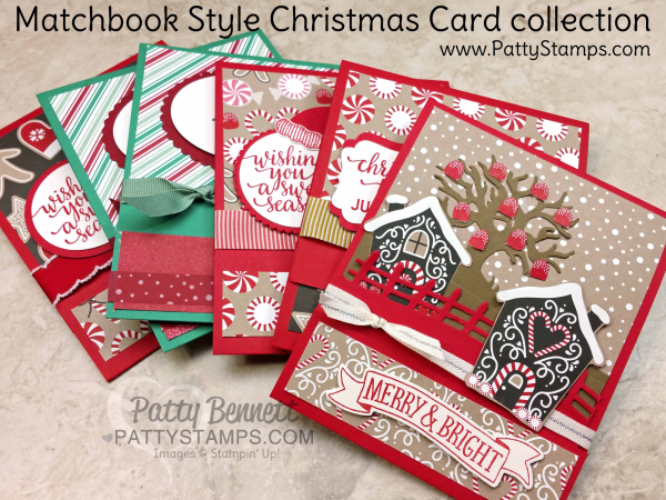 Candy Cane Lane Gumball tree Christmas card, Presents & Pinecones card, featuring Stampin' Up! products. Matchbook style card by Patty Bennett