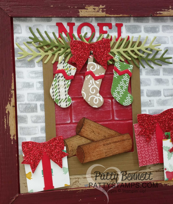 Logs in the fireplace!! Home Decor Christmas Framed art featuring STampin' Up! stocking framelits, pines framelits, santa's sleigh framelits, hearth & home framelits, brick wall embossing folder and more! by Patty Bennett Logs in the fireplace!! Home Decor Christmas Framed art featuring STampin' Up! stocking framelits, pines framelits, santa's sleigh framelits, hearth & home framelits, brick wall embossing folder and more! by Patty Bennett