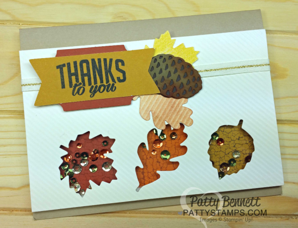 Stampin Up! fall Paper Pumpkin shaker card ideas with Pretty Pines pinecone embellishments by Patty Bennett, www.PattyStamps.com