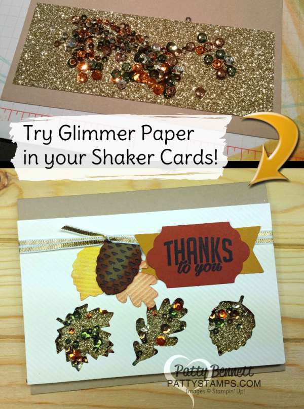 Stampin Up! fall Paper Pumpkin shaker card ideas with Pretty Pines pinecone embellishments and gold glimmer paper by Patty Bennett, www.PattyStamps.com