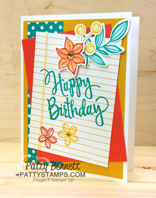 Birthday card idea featuring Stampin' Up! Falling Flowers stamp set and Writing Notes background stamp. 