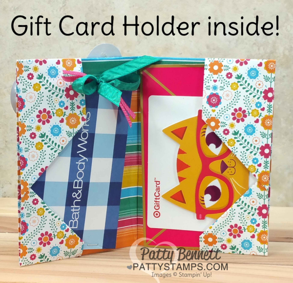 Festive birthday gift card holder made from one 12x12 sheet of Festive Birthday paper and Build a Birthday and Birthday Banners stamp set from Stampin' Up! by Patty Bennett