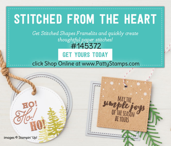 Great for tags or cards: Stampin' Up! Stitched Shape Framelit in circles, ovals and squares. Order #145372 - click shop online at www.PattyStamps.com