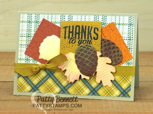 Alternate idea for Stampin Up! fall Paper Pumpkin shaker card ideas with Pretty Pines pinecone embellishments by Patty Bennett, www.PattyStamps.com