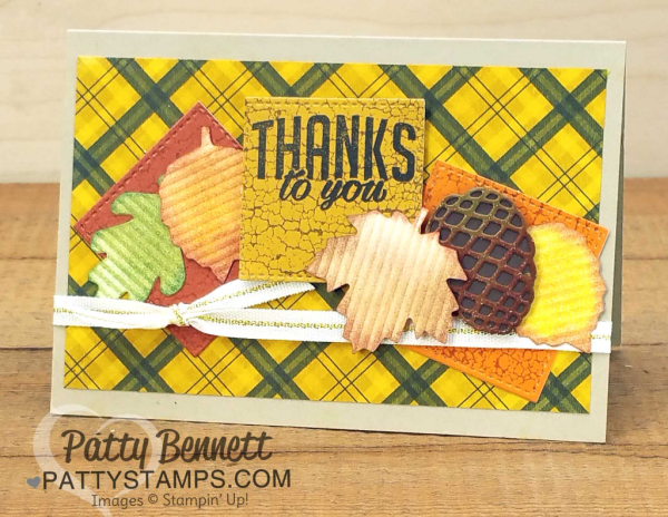 Stampin Up! fall Paper Pumpkin shaker card ideas with Pretty Pines pinecone embellishments by Patty Bennett, www.PattyStamps.com