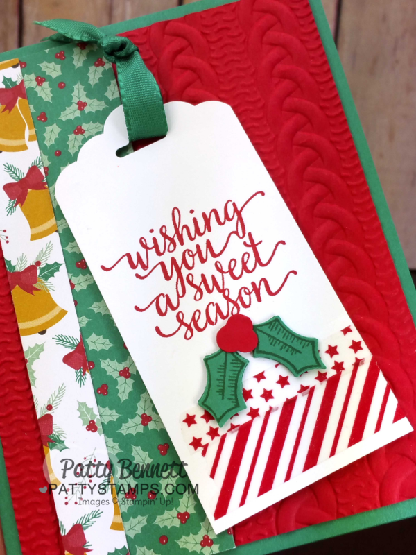 Christmas Card Idea featuring Stampin' Up! Cable Knit Embossing Folder, Holly Berry Builder Punch and Presents & Pinecones designer paper - Holiday Catalog 2016.  Card idea by Patty Bennett at www.PattyStamps.com