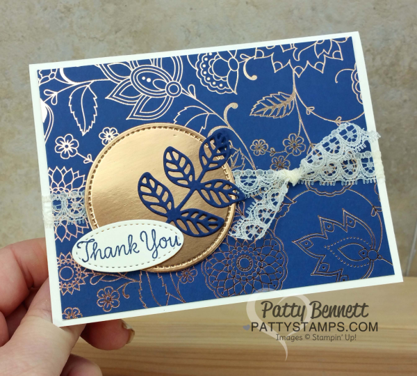 Petals & Paisleys copper embossed designer paper from Stampin' Up! - set of 6 cards by Patty Bennett, www.pattystamps.com  Stitched Shape framelit copper foil paper accent!